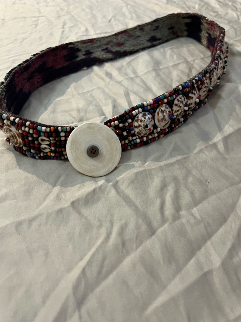 African shell vintage bead and fabric belt